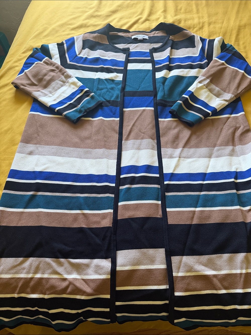 Calvin Klein Striped Open Cardigan in Navy, Teal, Blue, Tan & White